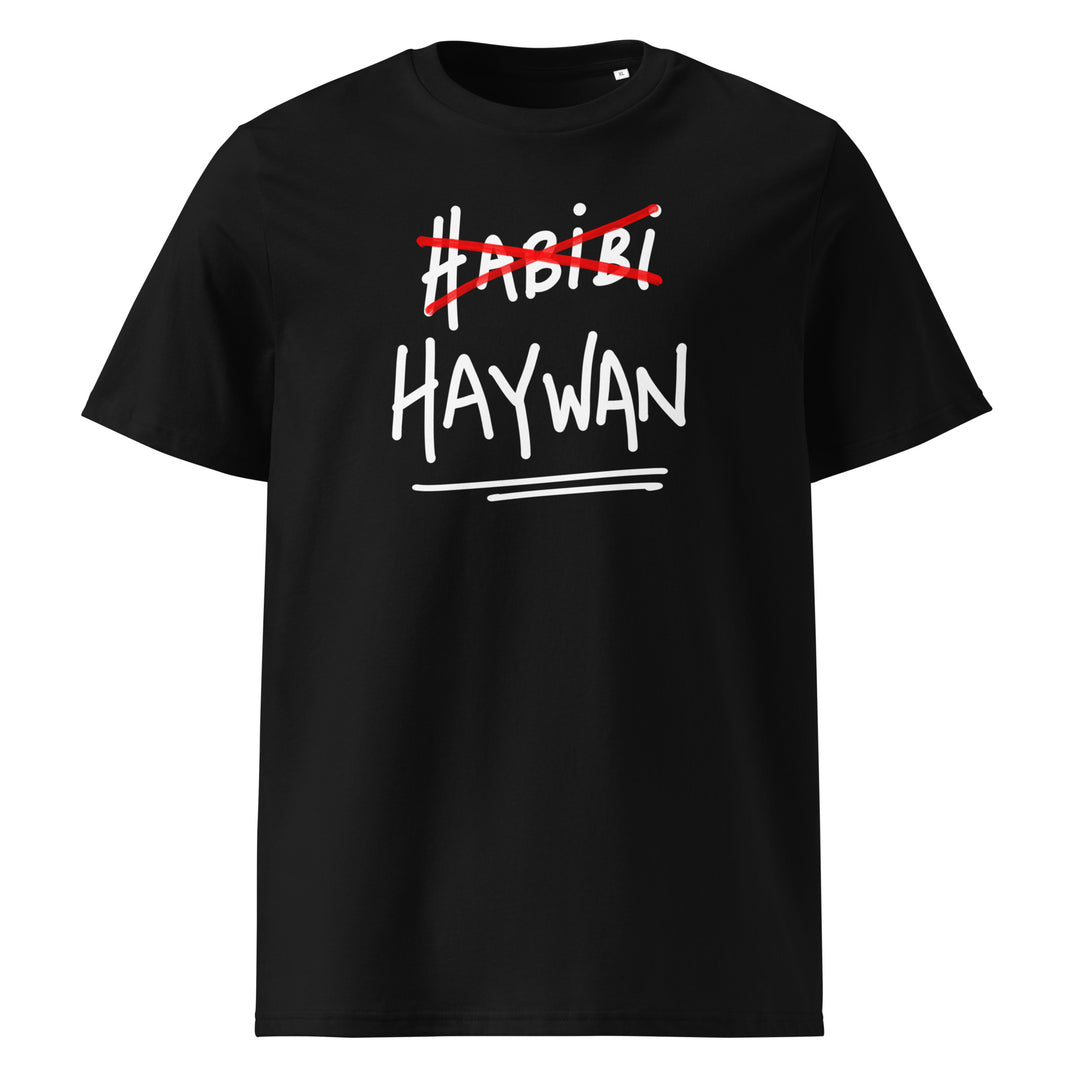 Haywan organic cotton t-shirt in black, front view, Arabic slogan apparel by BOSA
