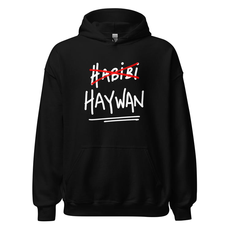 Haywan unisex hoodie in black, front view, Arabic slogan apparel by BOSA