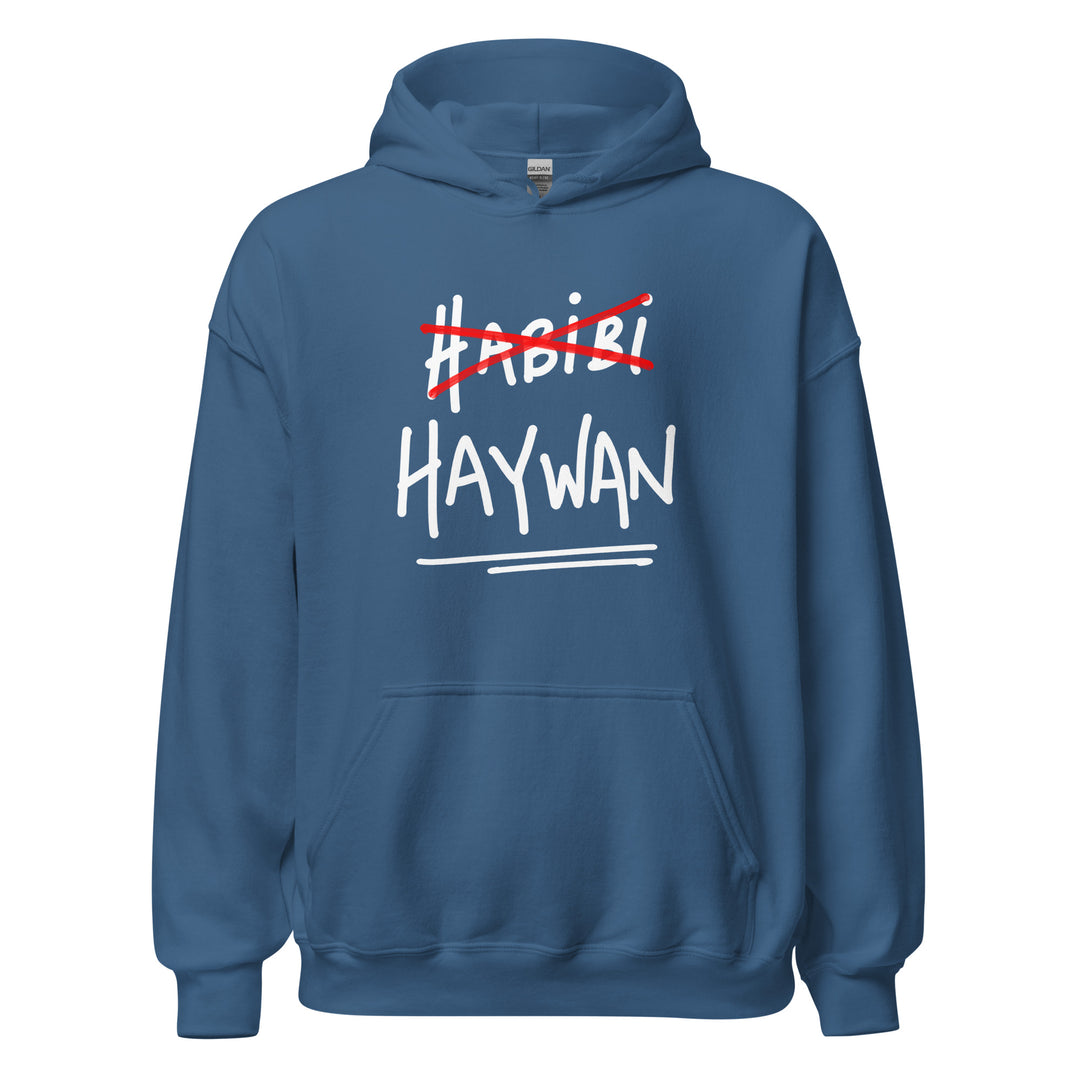 Haywan unisex hoodie in indigo blue, front view, Arabic slogan apparel by BOSA