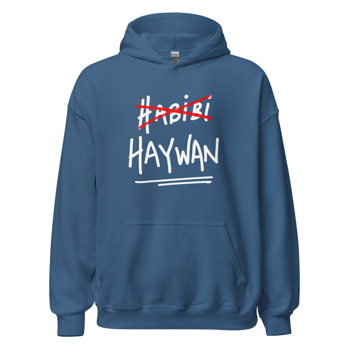 Haywan unisex hoodie in indigo blue, front view, Arabic slogan apparel by BOSA