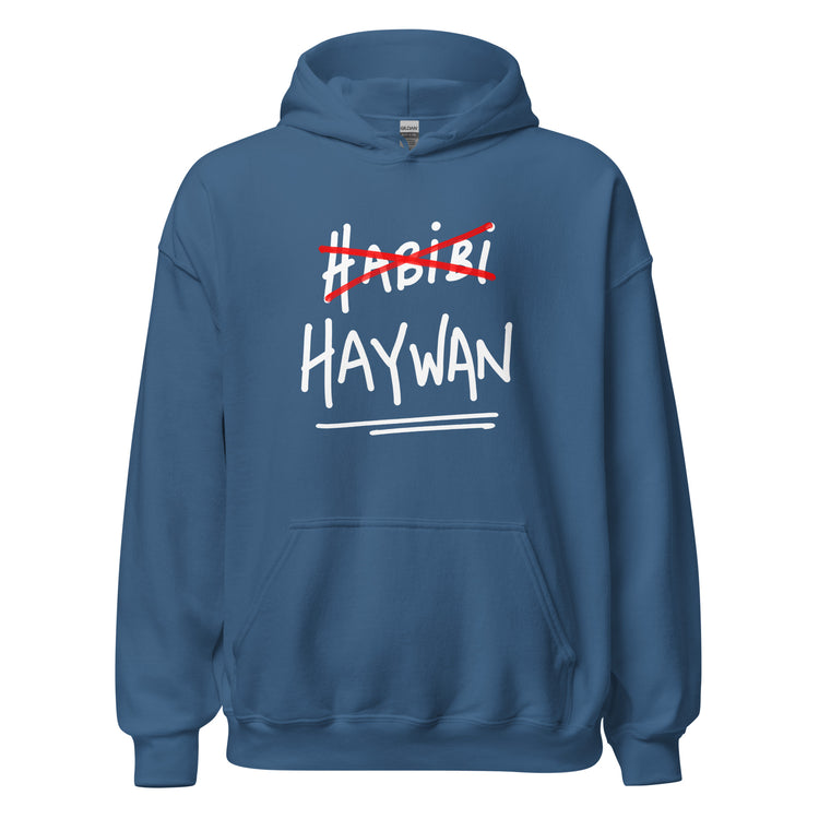 Haywan unisex hoodie in indigo blue, front view, Arabic slogan apparel by BOSA