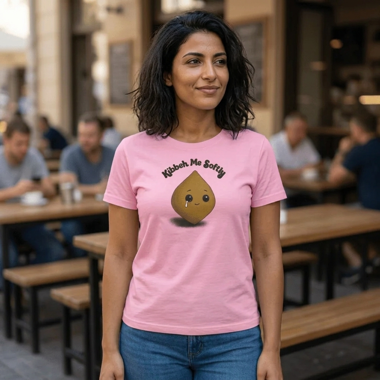 Kibbeh Me Softly women's organic ribbed neck t-shirt in bubble pink, front view, Arab food humor apparel by BOSA
