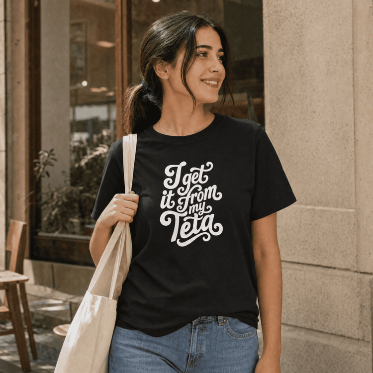 Model wearing I Get It From My Teta organic cotton t-shirt, Arab grandmother slogan streetwear by BOSA