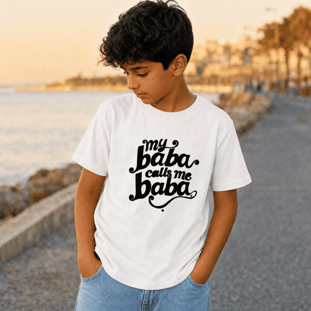 Child wearing My Baba Calls Me Baba youth t-shirt, Arab family kids clothing by BOSA