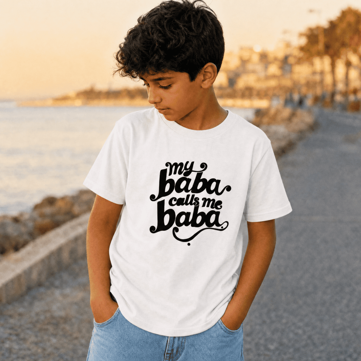 Child wearing My Baba Calls Me Baba youth t-shirt, Arab family kids clothing by BOSA