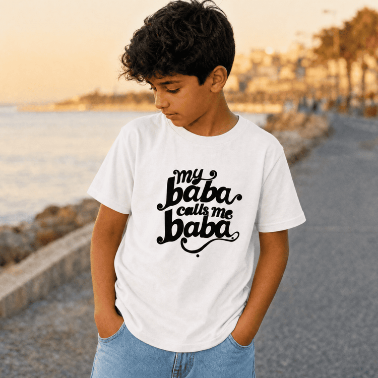 Child wearing My Baba Calls Me Baba youth t-shirt, Arab family kids clothing by BOSA
