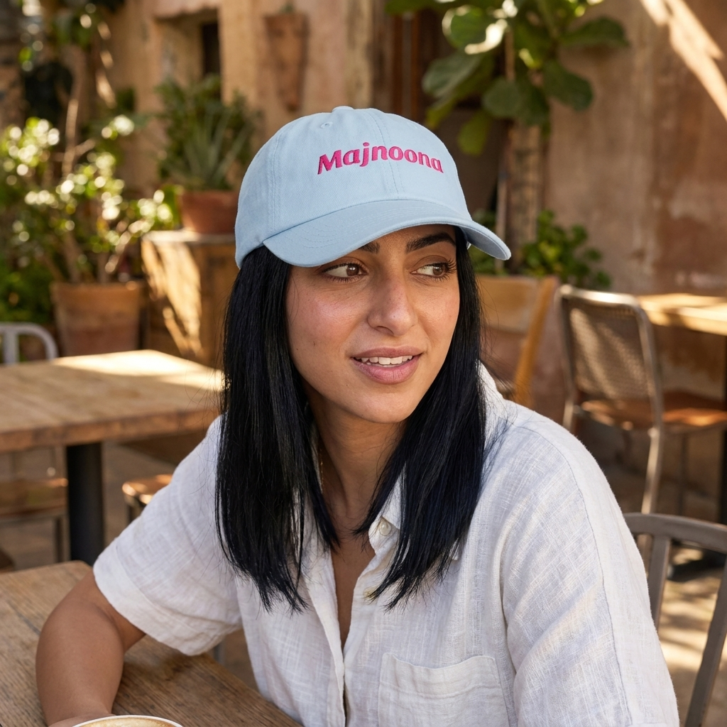 Majnoona embroidered dad hat, lifestyle view, Arabic slogan cap by BOSA