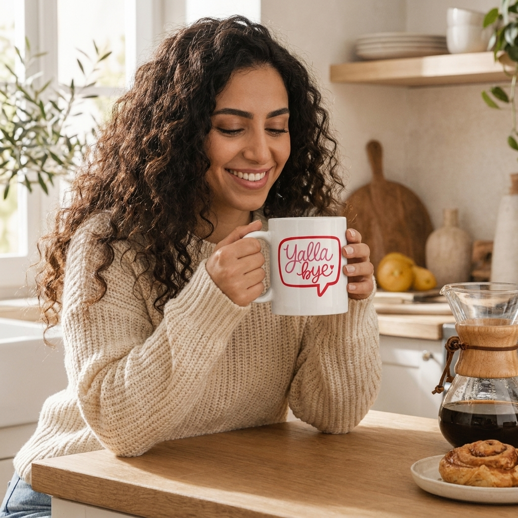 Yalla Bye ceramic mug, lifestyle view, Arabic slogan gift by BOSA