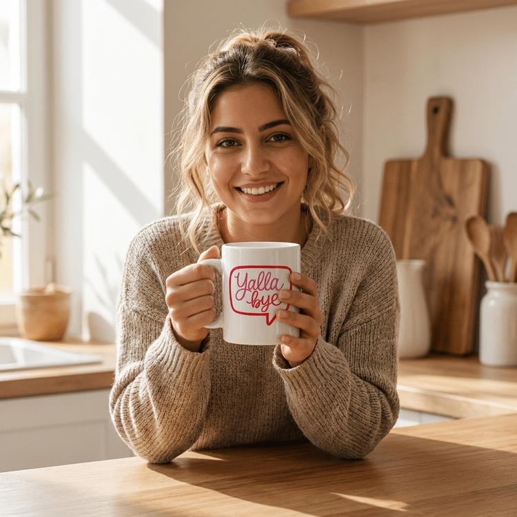 Yalla Bye ceramic mug, alternate lifestyle view, Arabic slogan gift by BOSA