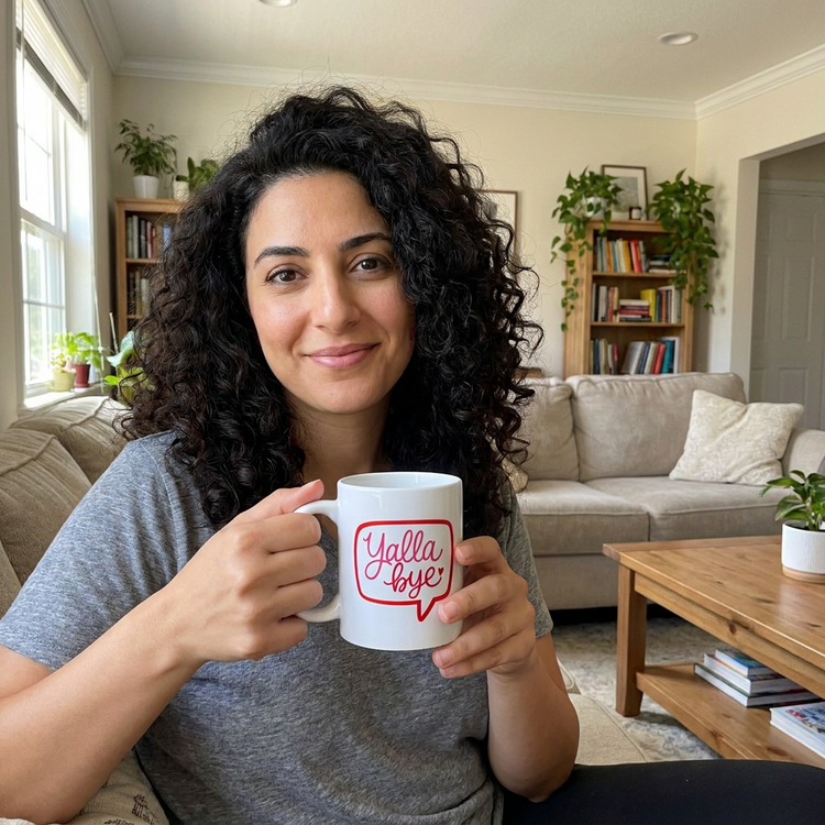 Yalla Bye ceramic mug, styled view, Arabic slogan gift by BOSA
