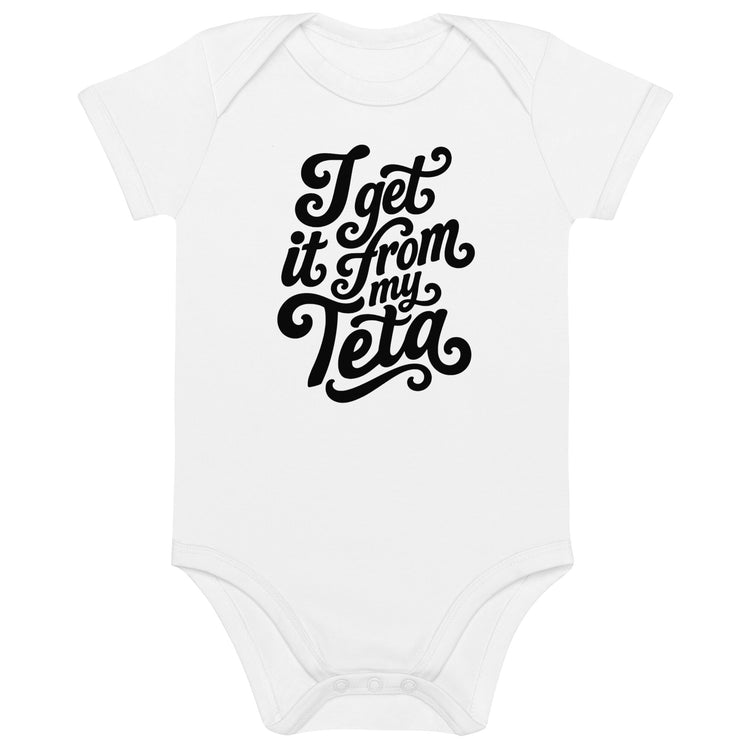 I Get It From My Teta organic cotton baby bodysuit in white, Arab grandmother gift by BOSA