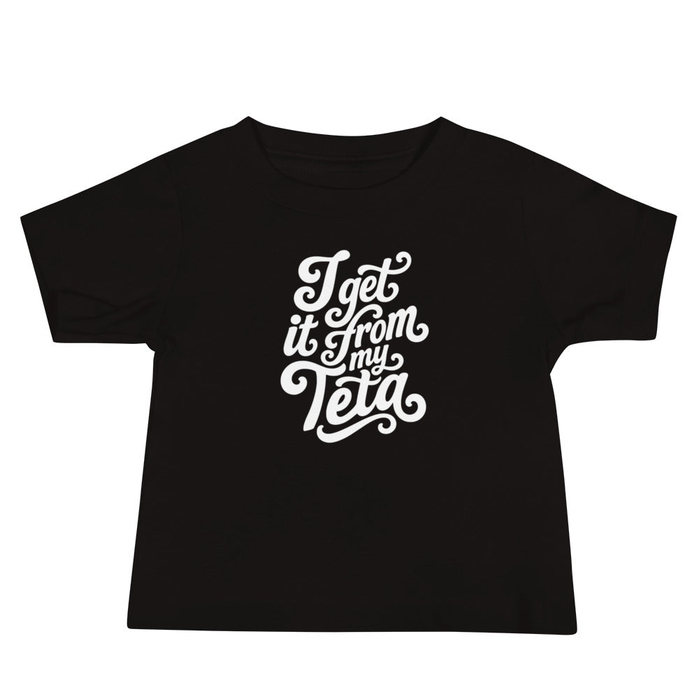 I Get It From My Teta short sleeve baby tee in black, front view, Arab grandmother gift by BOSA