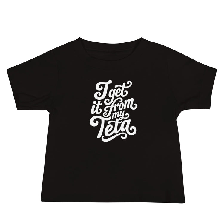 I Get It From My Teta short sleeve baby tee in black, front view, Arab grandmother gift by BOSA