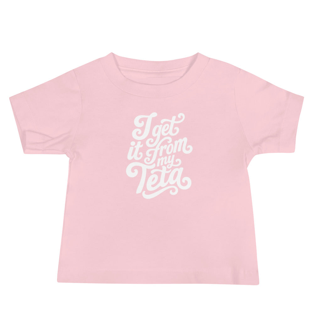 I Get It From My Teta short sleeve baby tee in pink, front view, Arab grandmother gift by BOSA