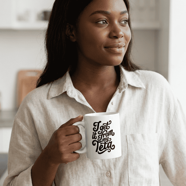 I Get It From My Teta ceramic mug, close-up of Arabic teta slogan design by BOSA
