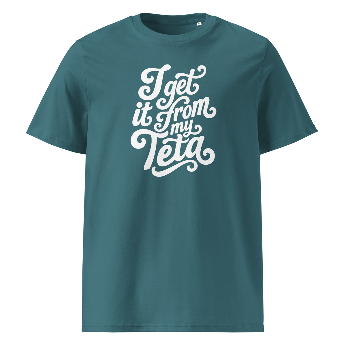 I Get It From My Teta organic cotton unisex t-shirt in stargazer blue, front view, Arab grandmother slogan apparel by BOSA