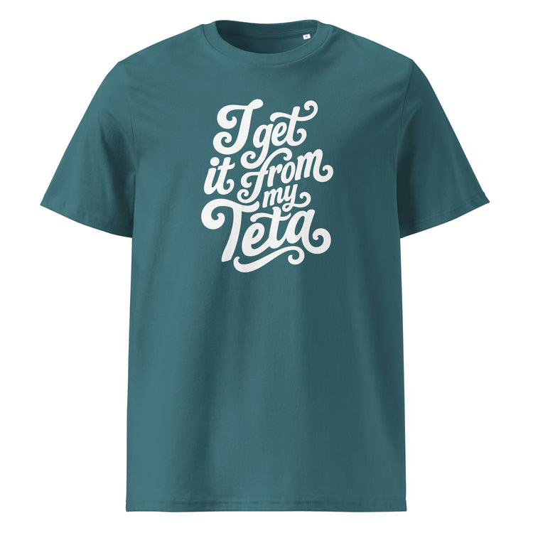 I Get It From My Teta organic cotton unisex t-shirt in stargazer blue, front view, Arab grandmother slogan apparel by BOSA