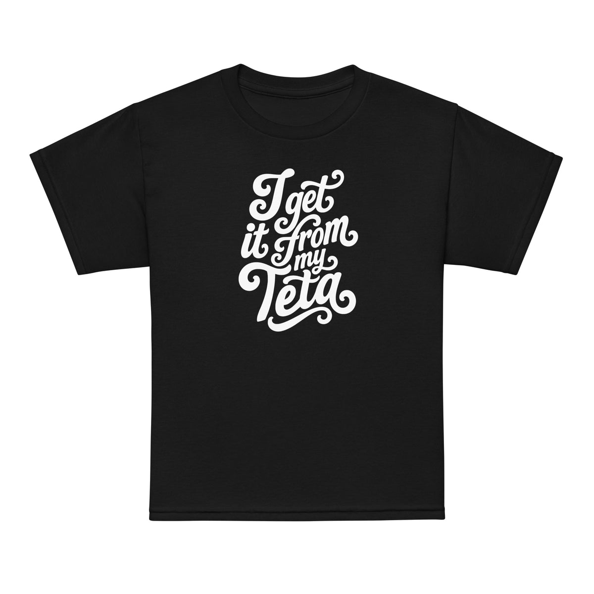I Get It From My Teta youth t-shirt in black, front view, Arab grandmother slogan kids clothing by BOSA
