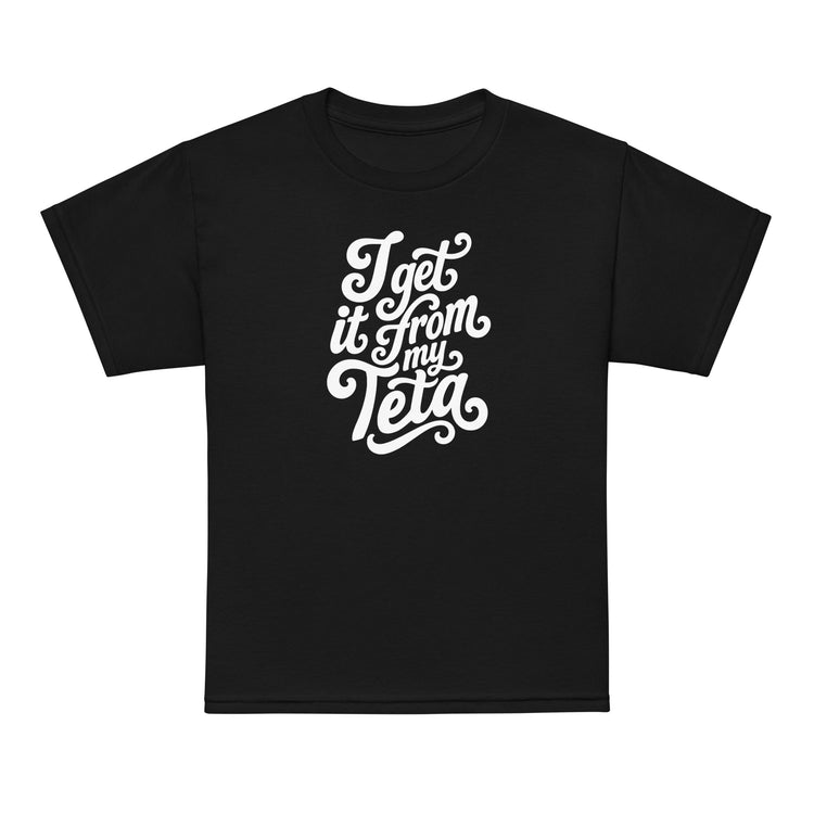 I Get It From My Teta youth t-shirt in black, front view, Arab grandmother slogan kids clothing by BOSA