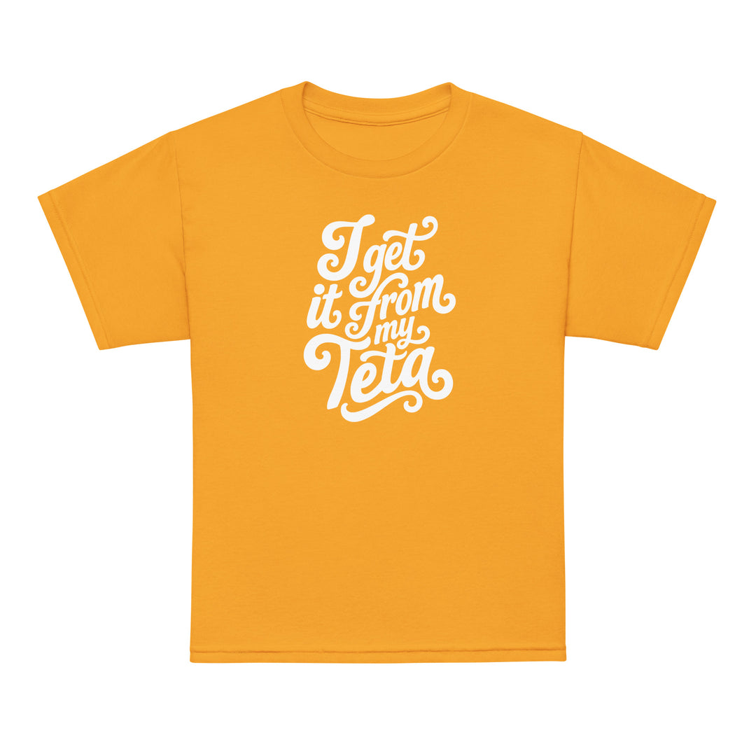 I Get It From My Teta youth t-shirt in gold, front view, Arab grandmother slogan kids clothing by BOSA