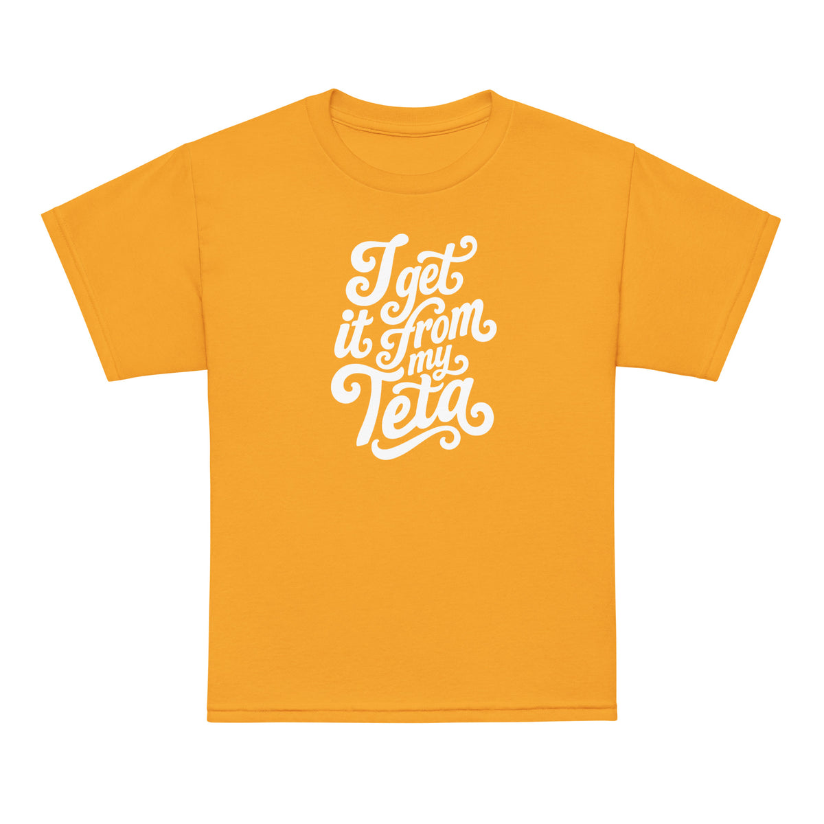 I Get It From My Teta youth t-shirt in gold, front view, Arab grandmother slogan kids clothing by BOSA