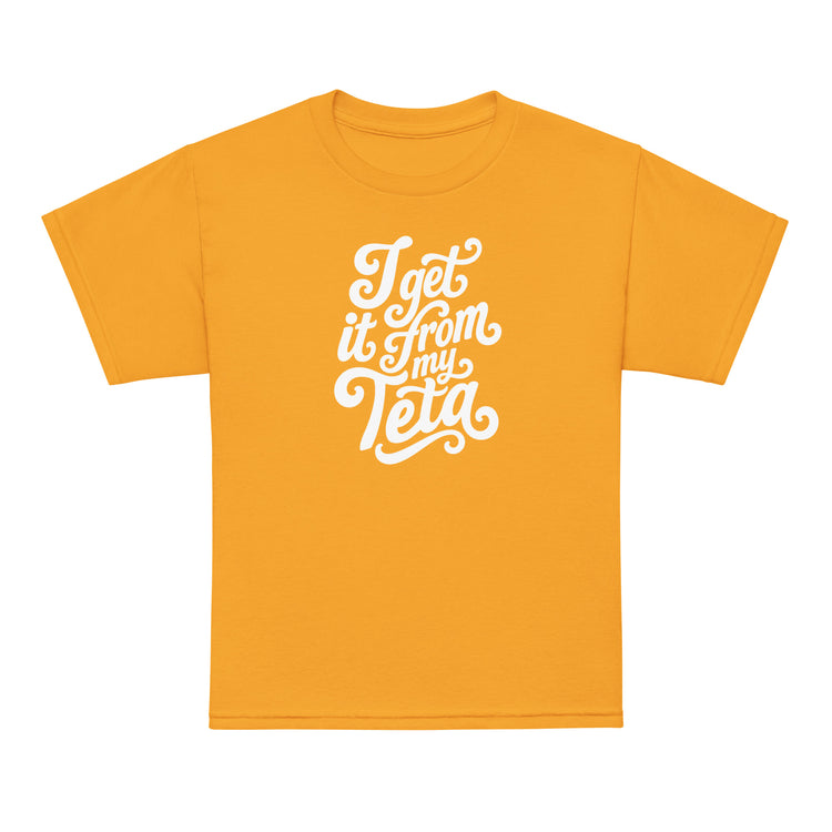 I Get It From My Teta youth t-shirt in gold, front view, Arab grandmother slogan kids clothing by BOSA
