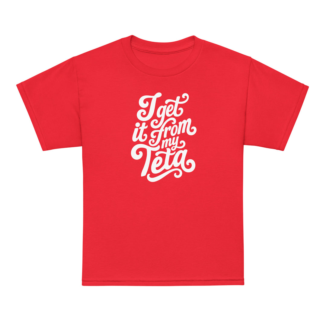I Get It From My Teta youth t-shirt in red, front view, Arab grandmother slogan kids clothing by BOSA
