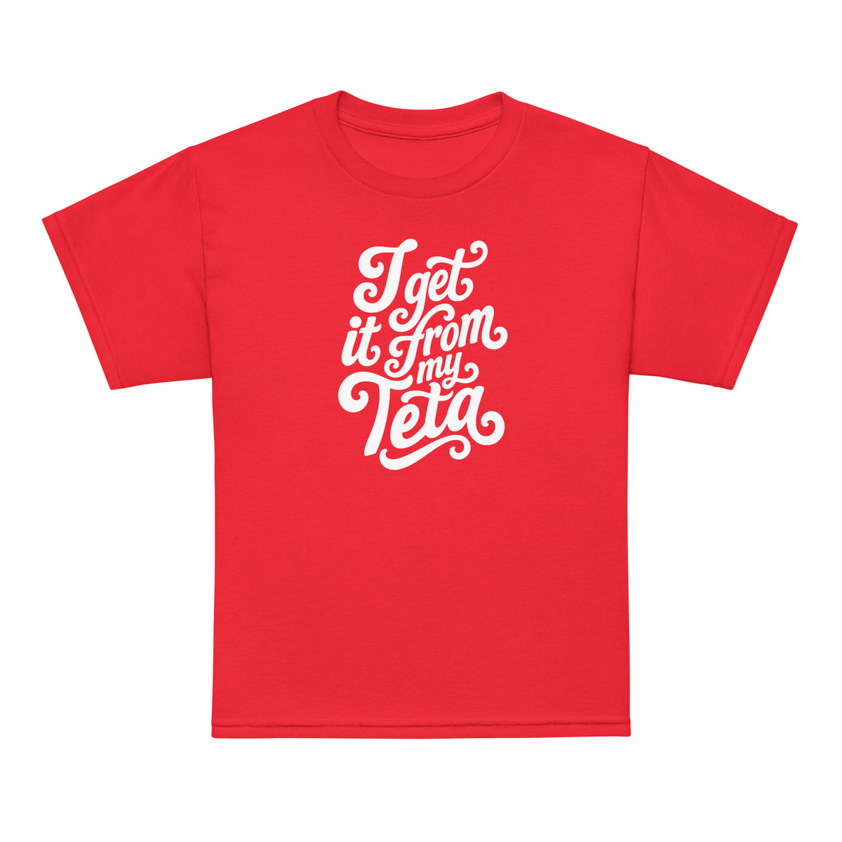 I Get It From My Teta youth t-shirt in red, front view, Arab grandmother slogan kids clothing by BOSA