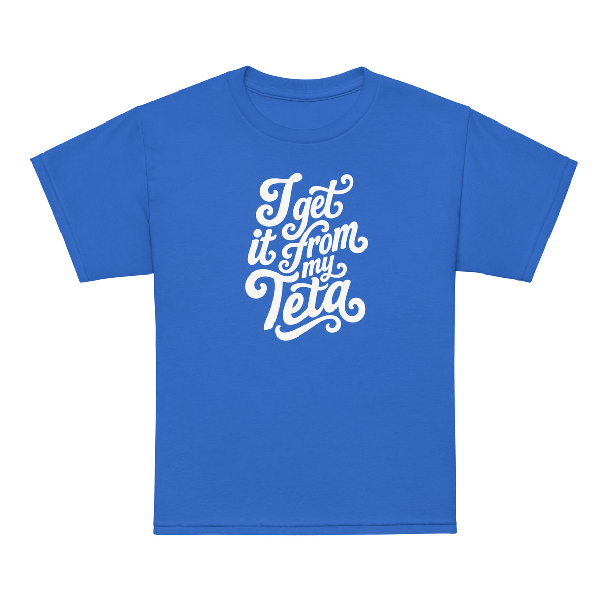 I Get It From My Teta youth t-shirt in royal blue, front view, Arab grandmother slogan kids clothing by BOSA
