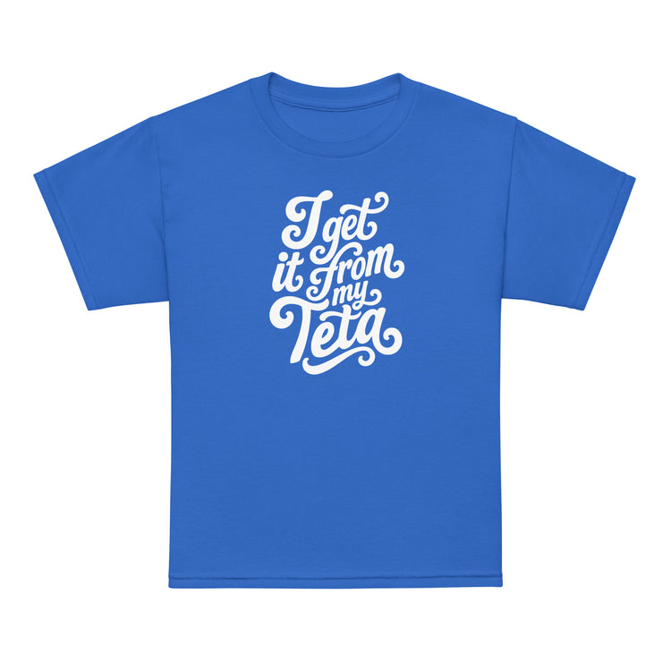 I Get It From My Teta youth t-shirt in royal blue, front view, Arab grandmother slogan kids clothing by BOSA