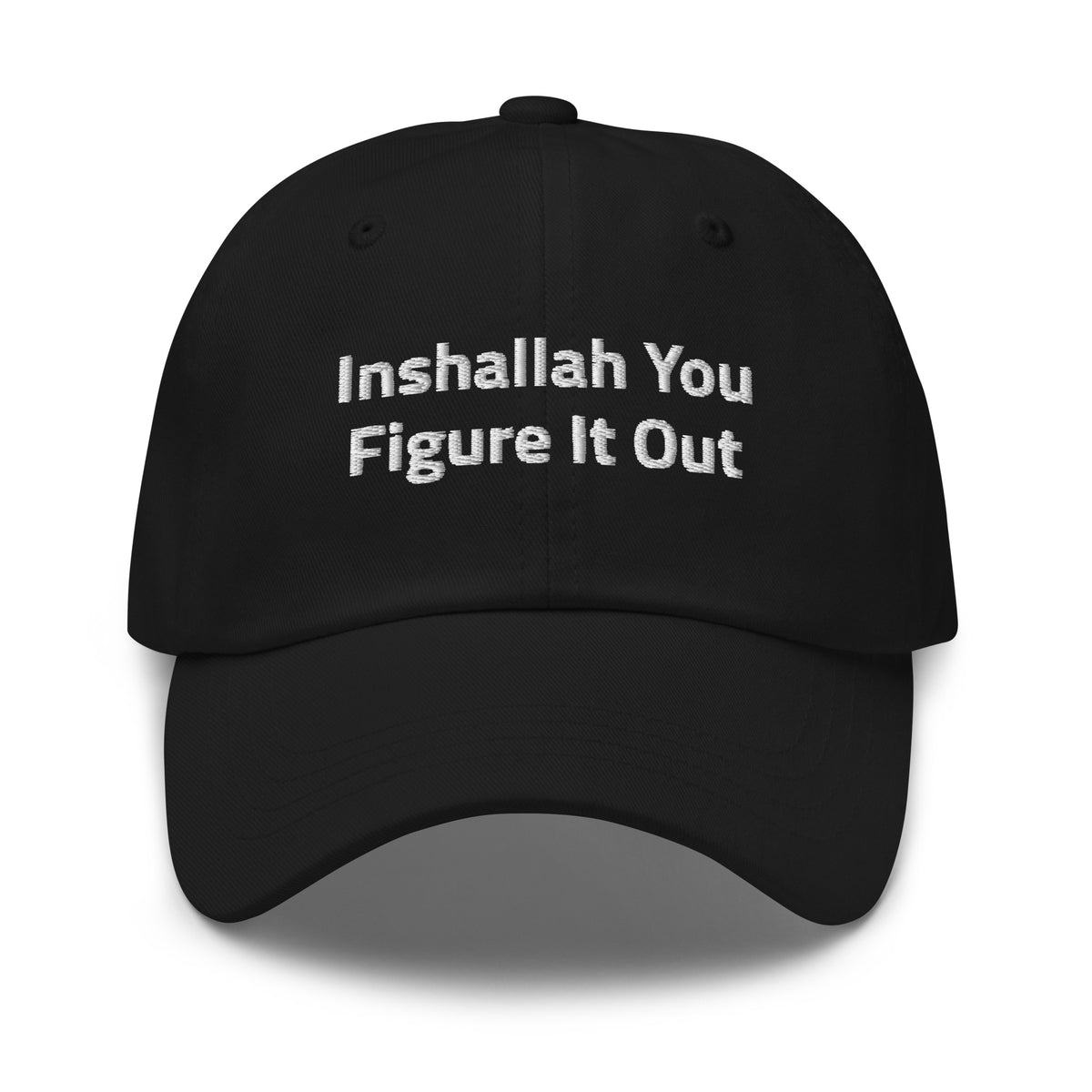 Inshallah You Figure It Out embroidered dad hat in black, front view, Arab humor cap by BOSA