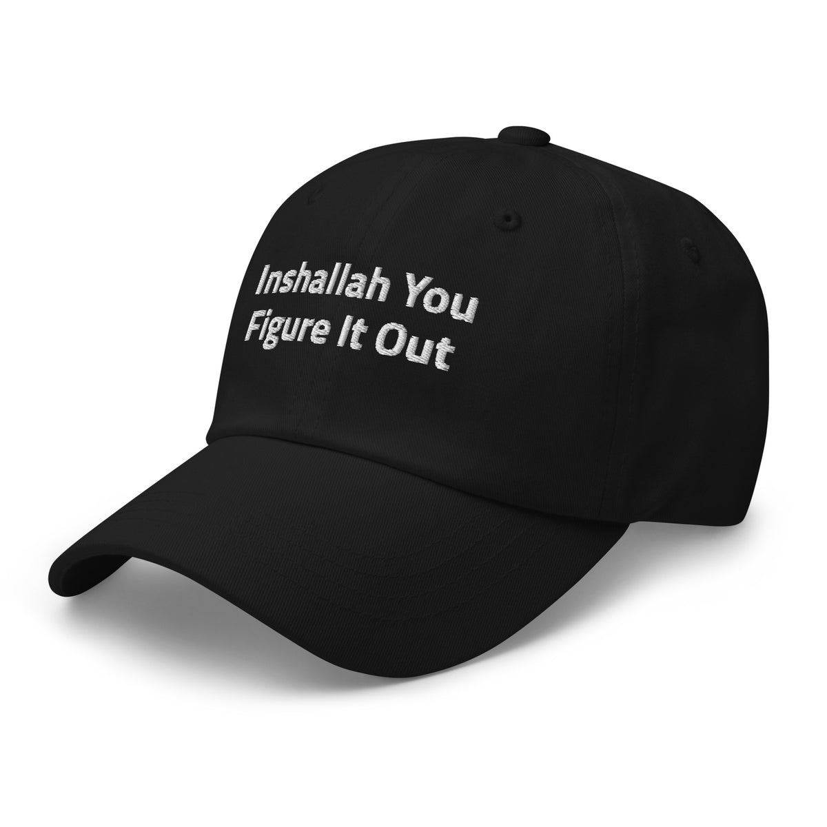 Inshallah You Figure It Out embroidered dad hat in black, side angle, Arab humor cap by BOSA