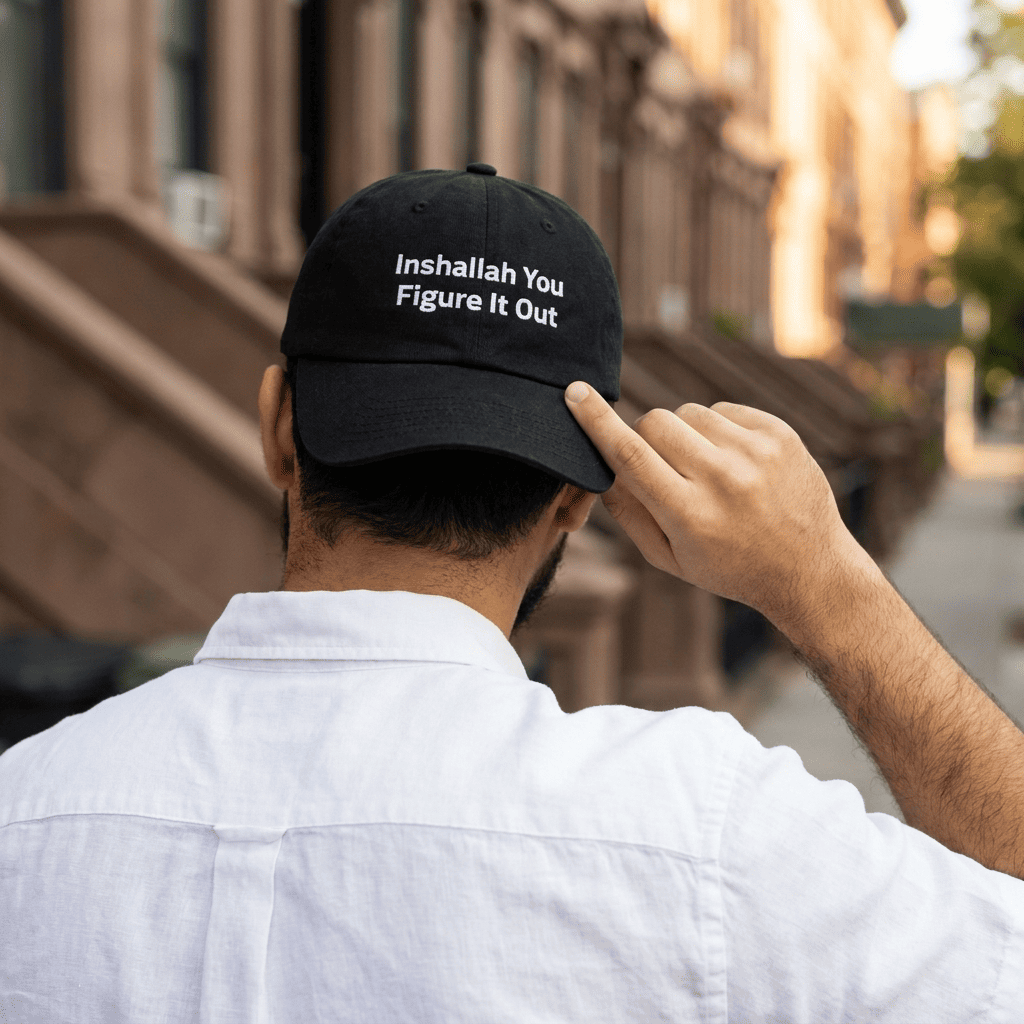 Inshallah You Figure It Out dad hat embroidery detail, Arab humor cap by BOSA