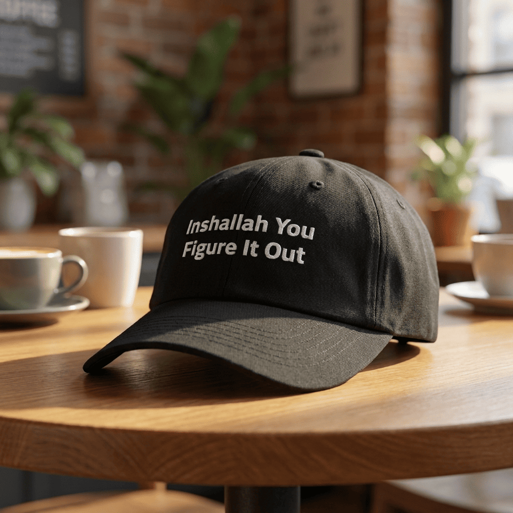 Model wearing Inshallah You Figure It Out dad hat, Arab humor cap by BOSA