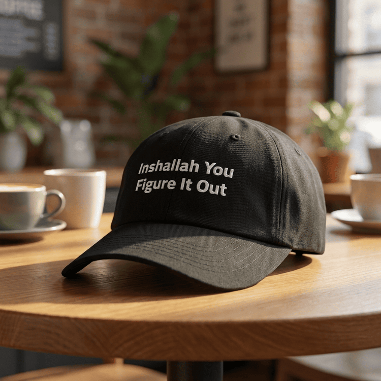 Model wearing Inshallah You Figure It Out dad hat, Arab humor cap by BOSA