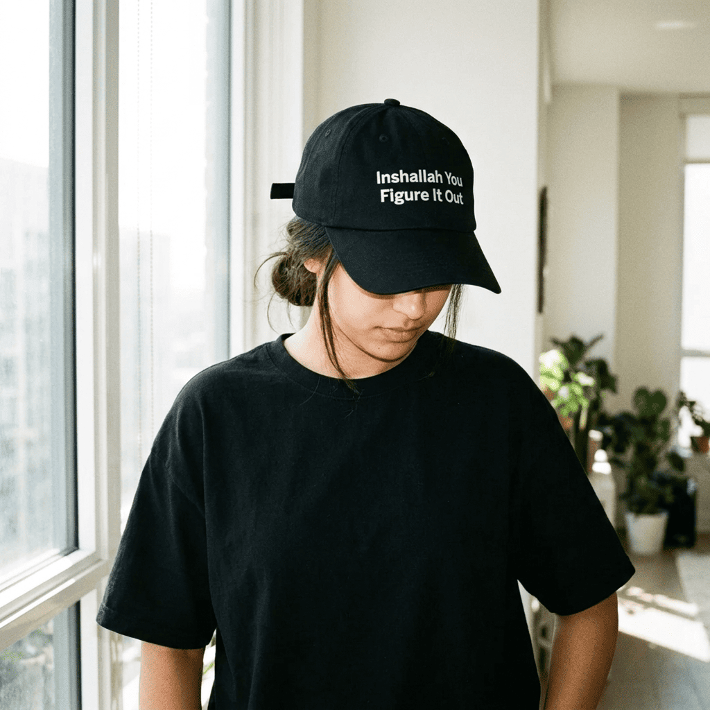 Model wearing Inshallah You Figure It Out dad hat, side angle, Arab humor cap by BOSA