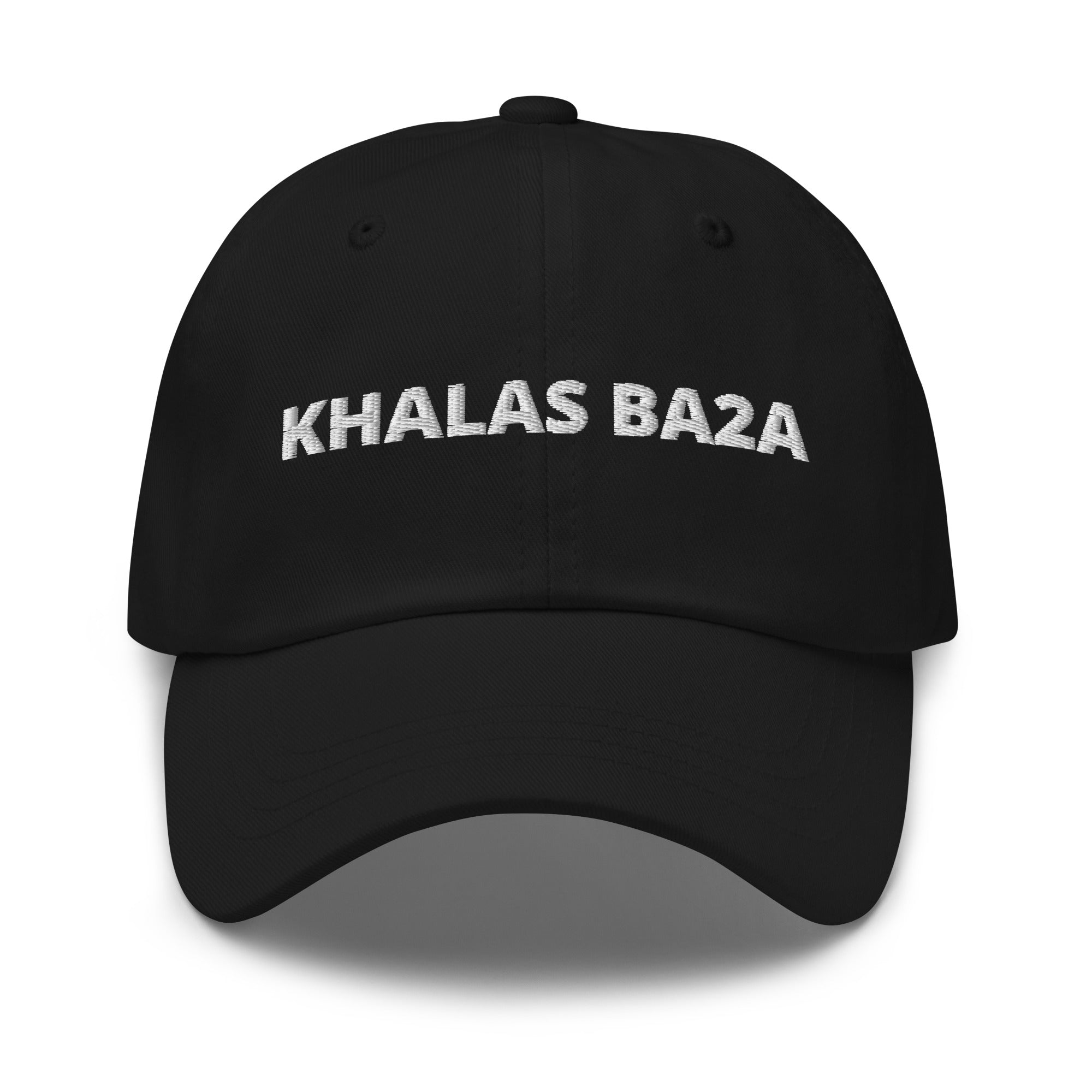 Khalas Ba2a embroidered dad hat in black, front view, Arabic slogan cap by BOSA