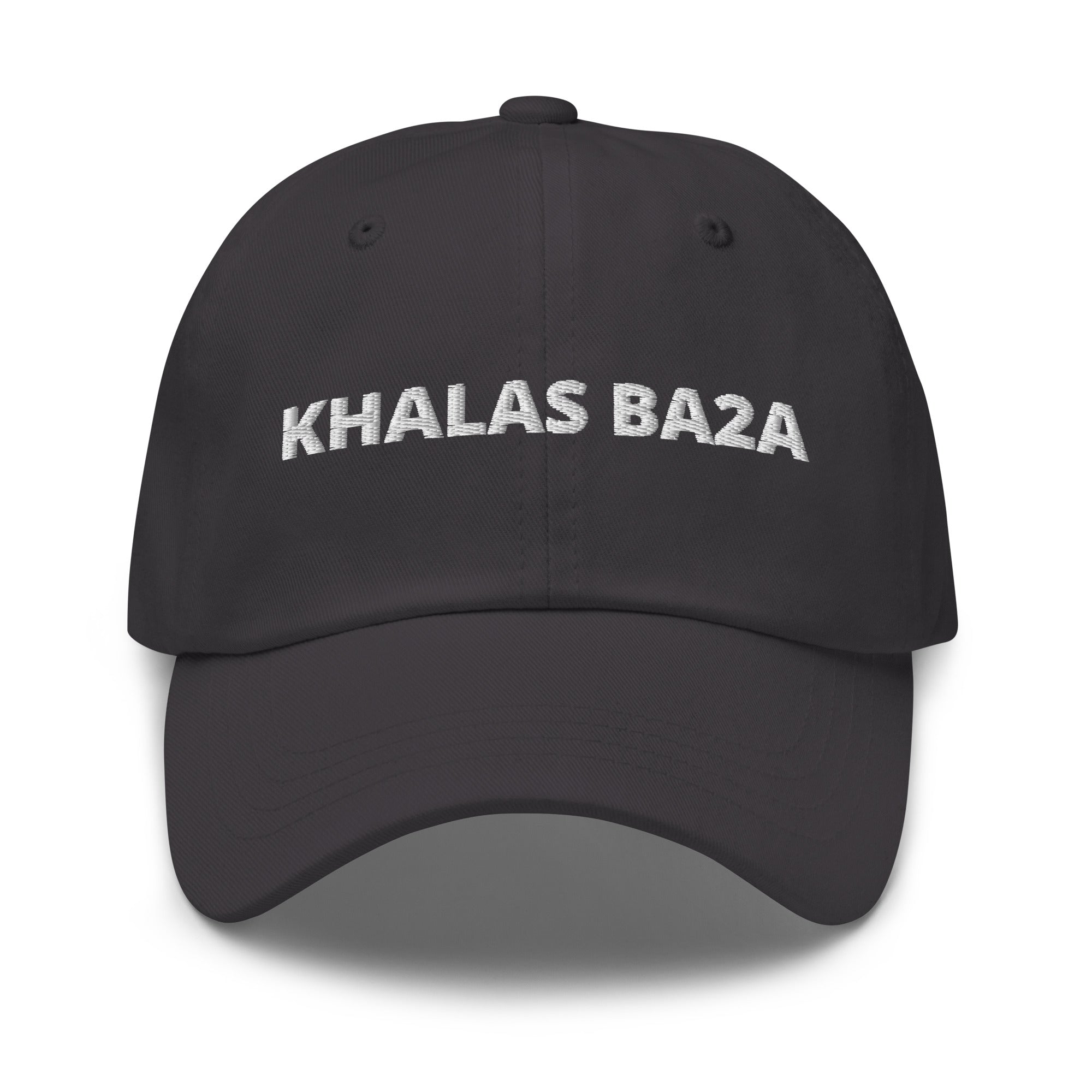 Khalas Ba2a embroidered dad hat in dark grey, front view, Arabic slogan cap by BOSA