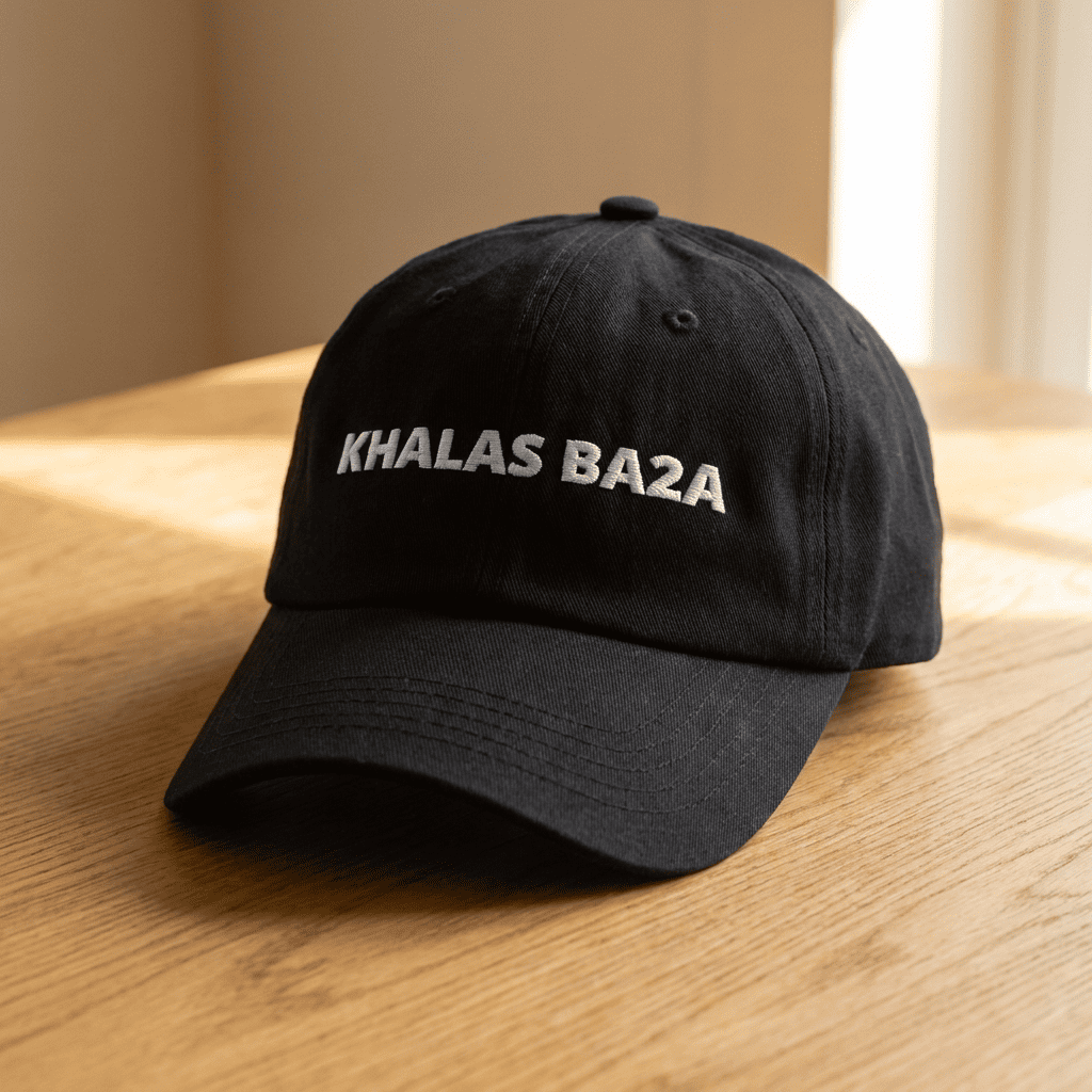 Khalas Ba2a dad hat embroidery detail, Arabic slogan cap by BOSA