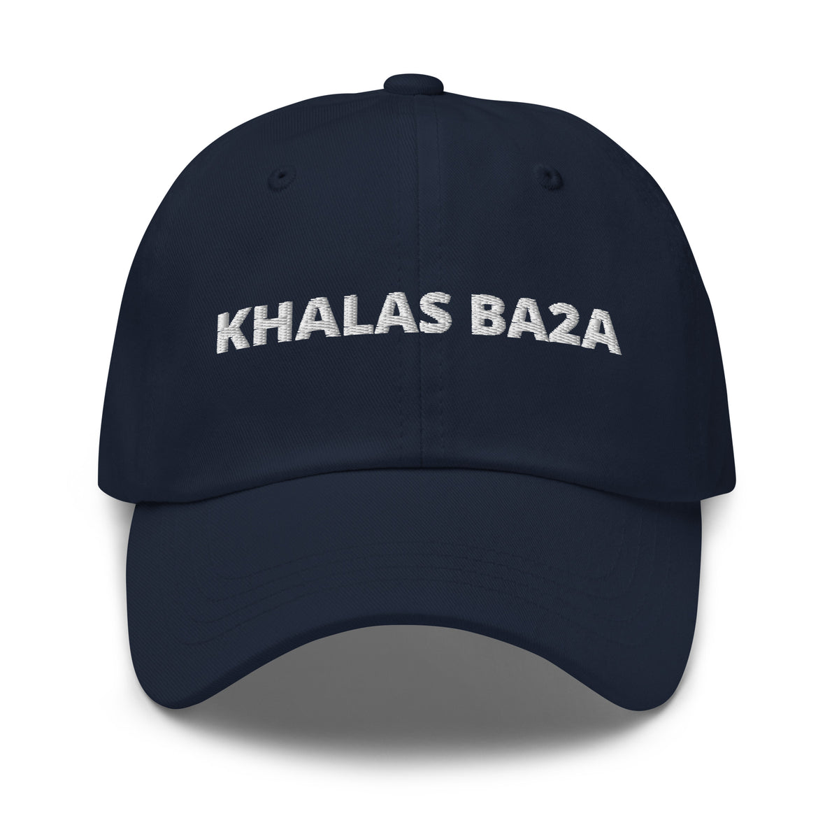 Khalas Ba2a embroidered dad hat in navy, front view, Arabic slogan cap by BOSA