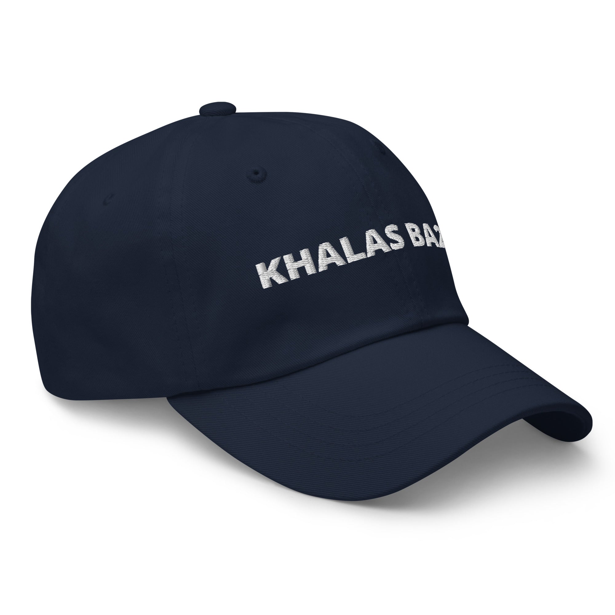 Khalas Ba2a embroidered dad hat in navy, side angle, Arabic slogan cap by BOSA