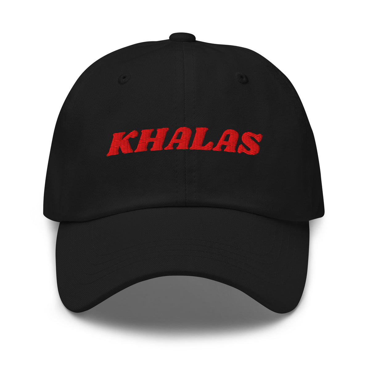 Khalas embroidered dad hat in black, front view, Arabic slogan cap by BOSA