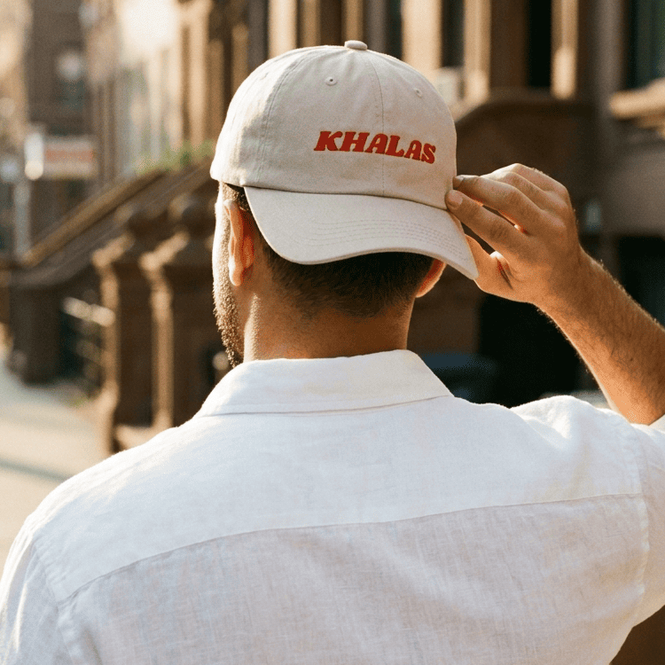 Khalas dad hat embroidery detail, Arabic slogan cap by BOSA