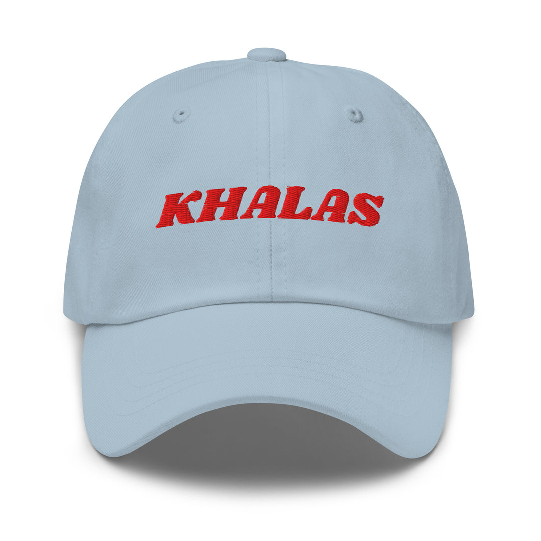 Khalas embroidered dad hat in light blue, front view, Arabic slogan cap by BOSA