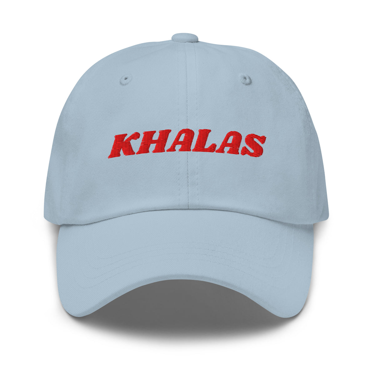 Khalas embroidered dad hat in light blue, front view, Arabic slogan cap by BOSA