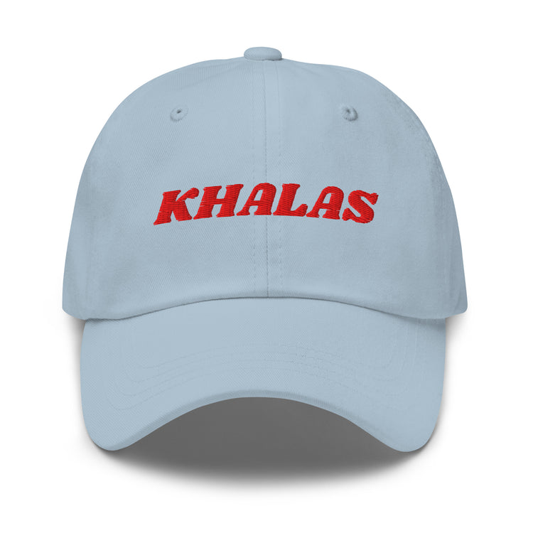 Khalas embroidered dad hat in light blue, front view, Arabic slogan cap by BOSA