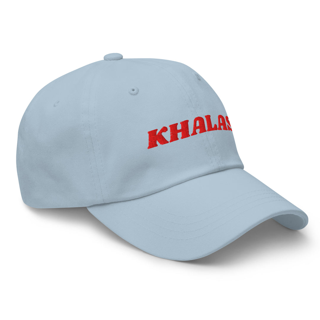 Khalas embroidered dad hat in light blue, side angle, Arabic slogan cap by BOSA