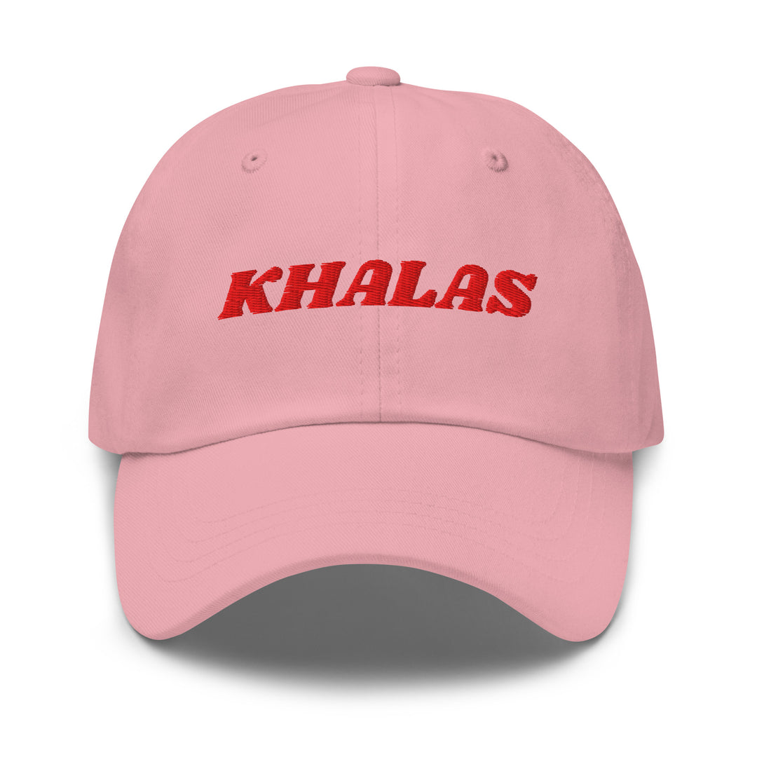 Khalas embroidered dad hat in pink, front view, Arabic slogan cap by BOSA