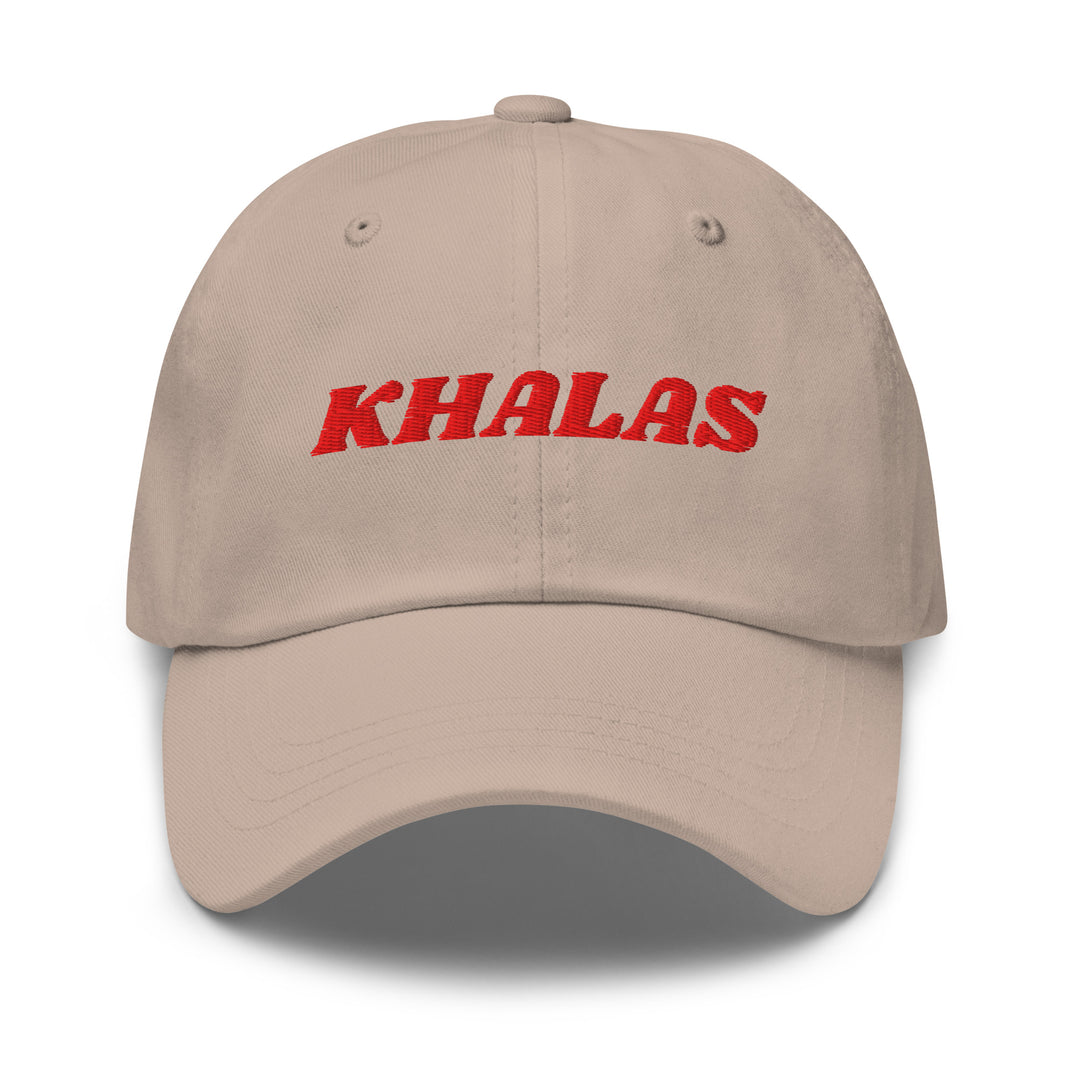 Khalas embroidered dad hat in stone, front view, Arabic slogan cap by BOSA