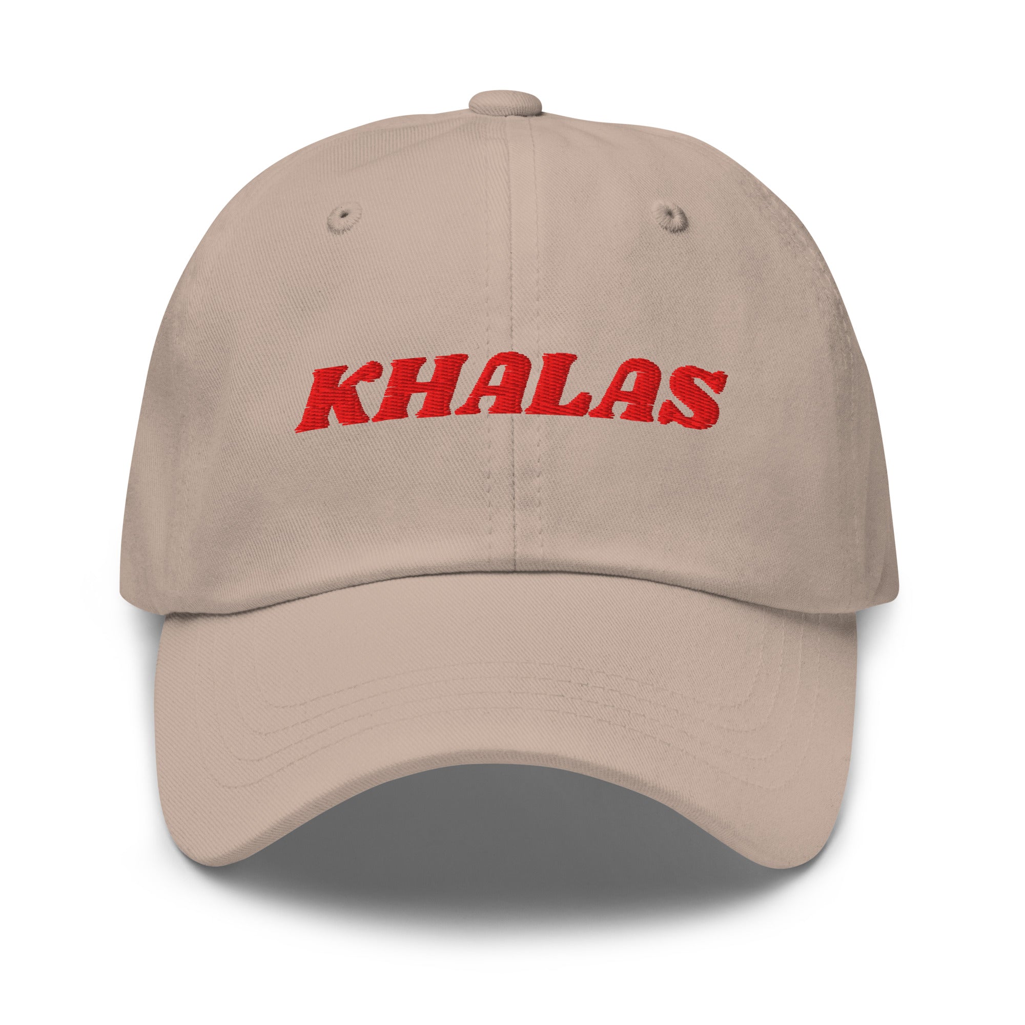 Khalas embroidered dad hat in stone, front view, Arabic slogan cap by BOSA